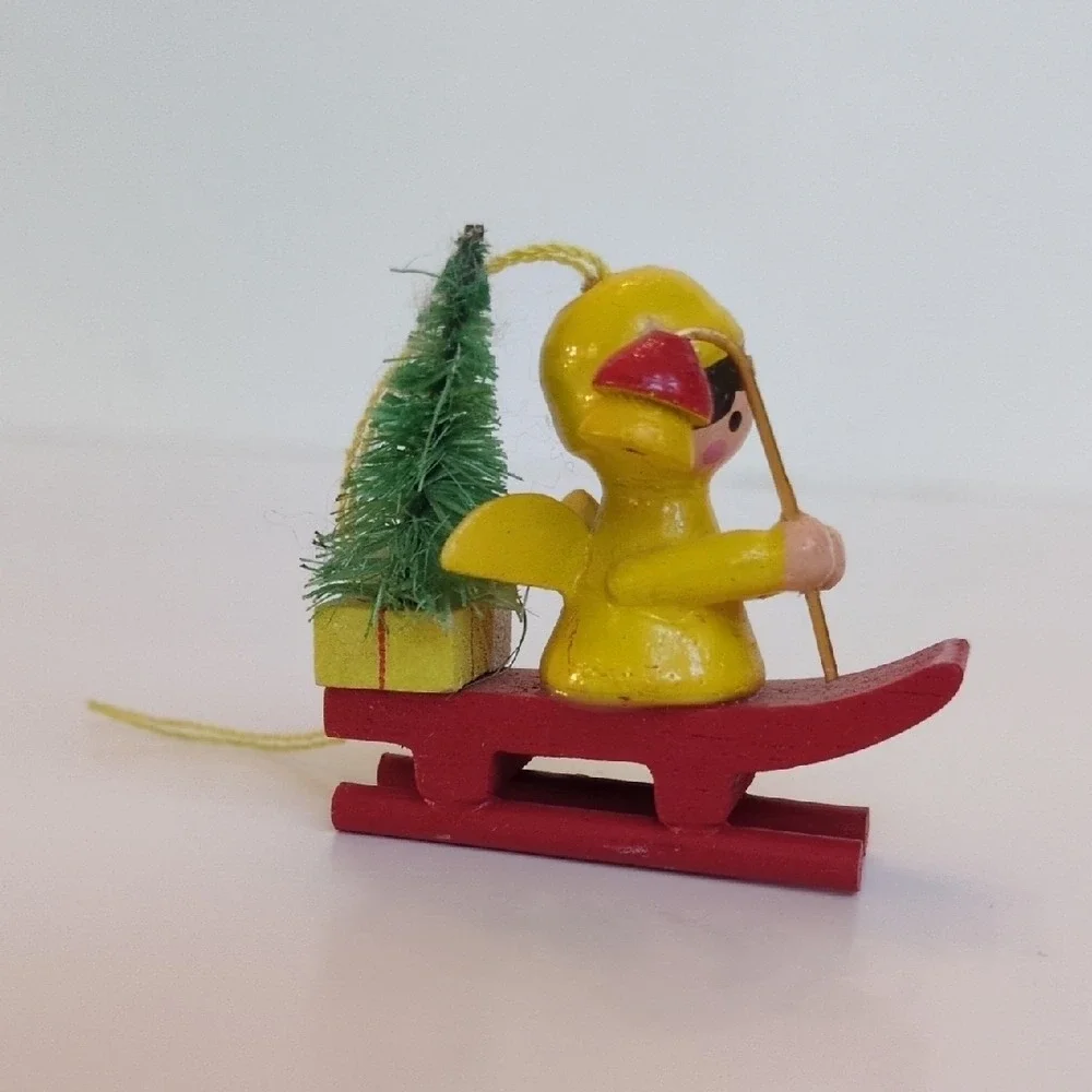 Vintage 70s Miniature Wooden Angel Christmas‎ Ornament - Yellow Sled Tree